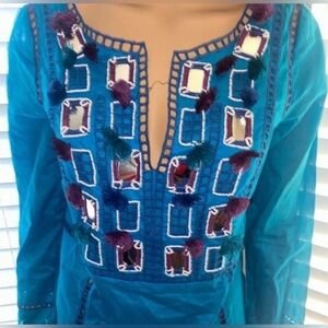 Tory Burch Aqua Blue Bright Blouse Crochet Tassle Tunic
